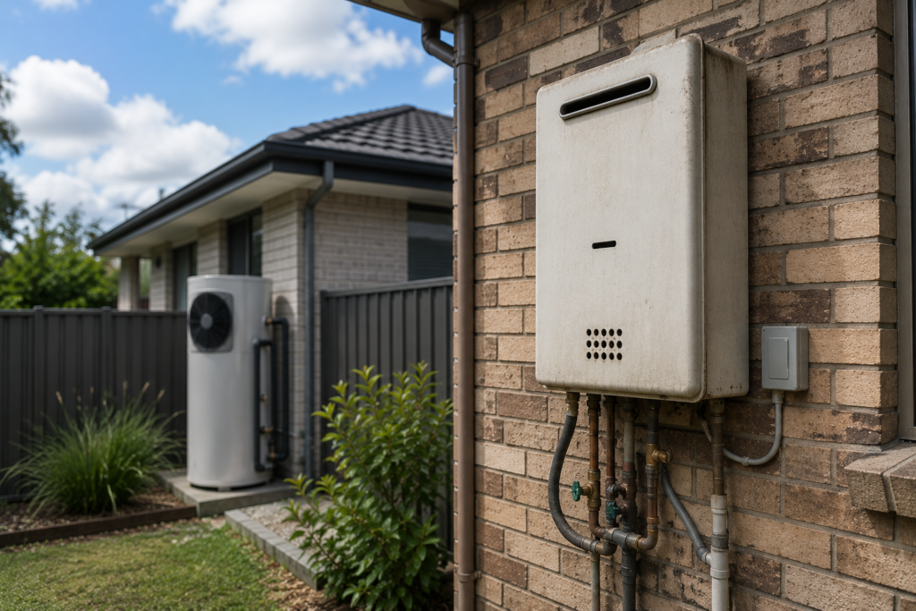 gas hot water unit mounted on an external brick wall