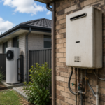 gas hot water unit mounted on an external brick wall
